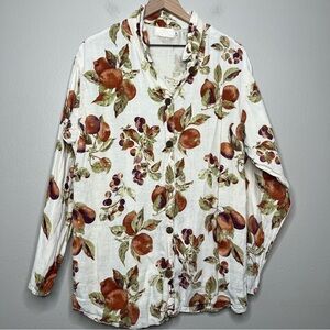SFCC Women 100% Linen Top Medium White Peaches Novelty Button Down Coastal Tunic